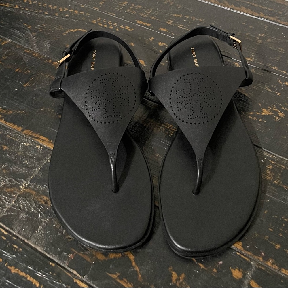 Tory Burch Capri Perforated Logo Perfect Black Sandals- 7